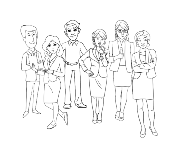 Pencil illustrations of 6 "business-like" people: 4 women and 2 men all looking straight on as if looking at you.